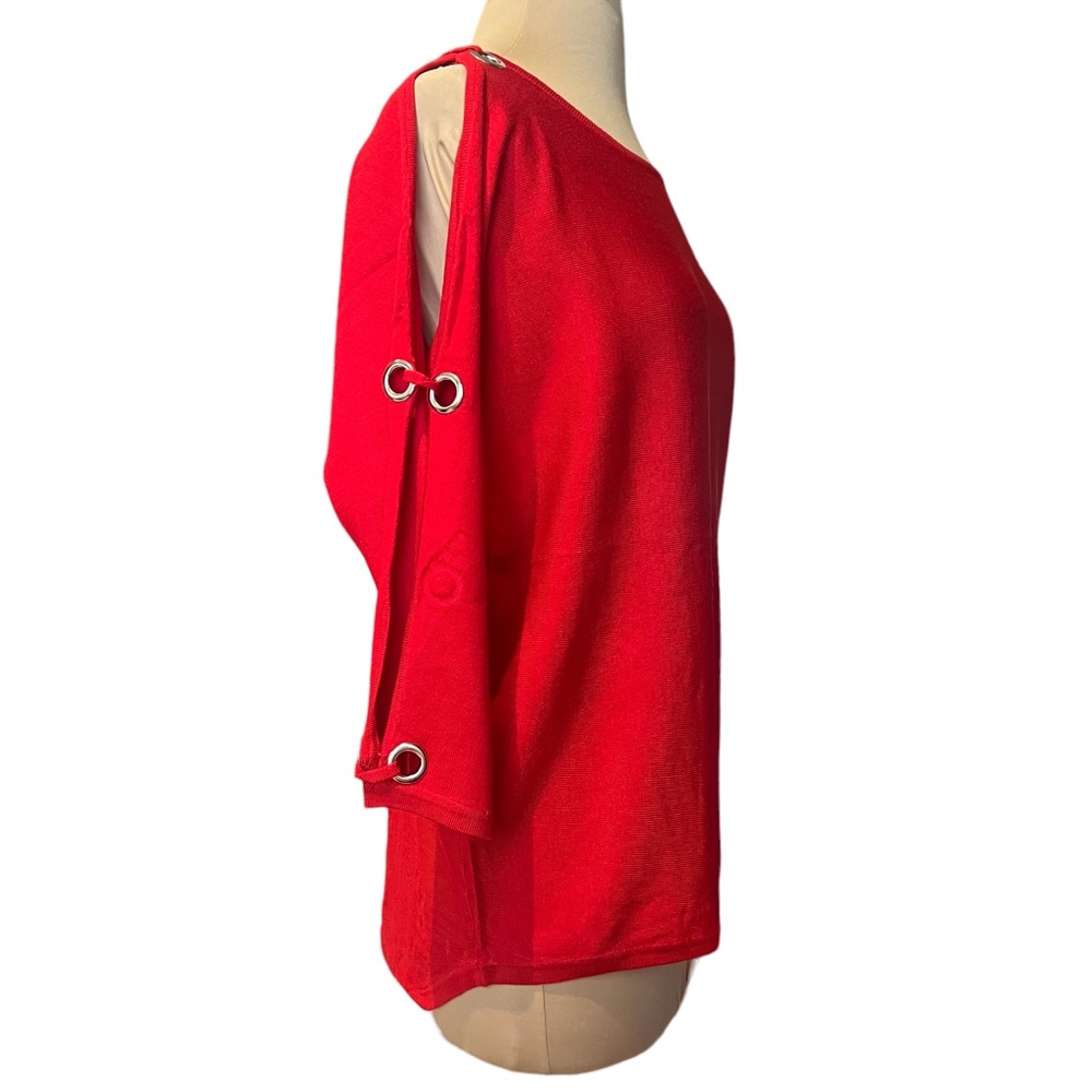 Cable & Gauge Red Knit long Cold Shoulder Sleeves Silver Embellishments